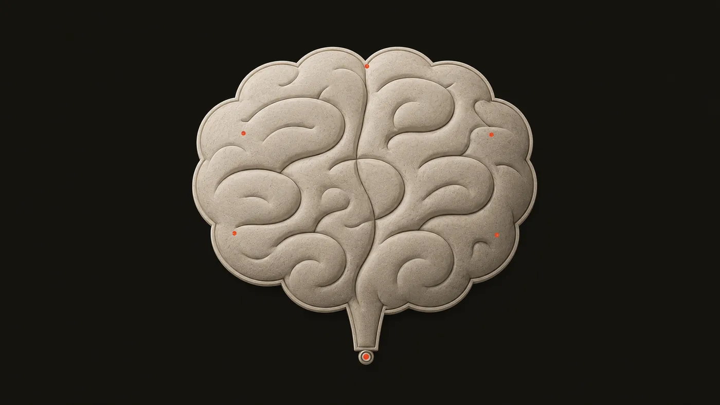 Brand Brain — a sculpted brain with vermillion registration points marking each functional region