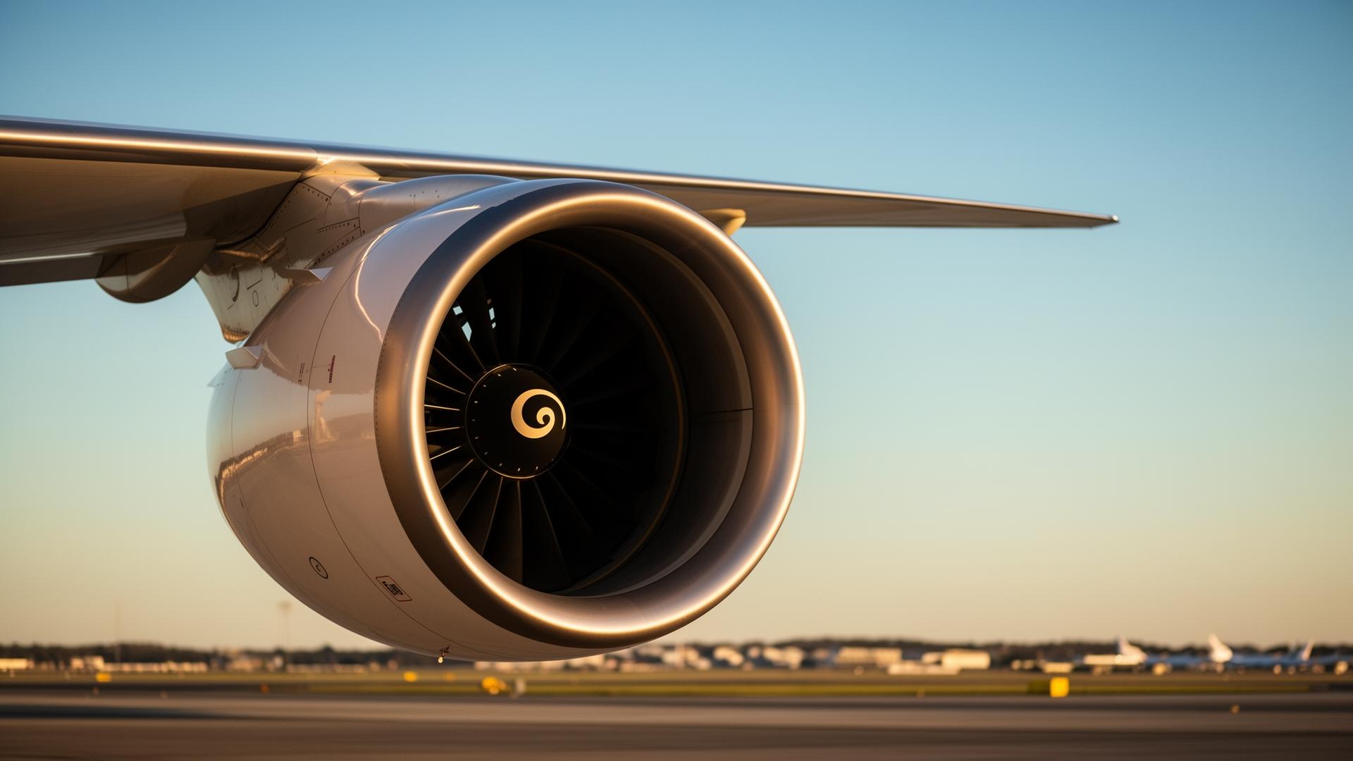 Turbofan engine nacelle on widebody aircraft at golden hour